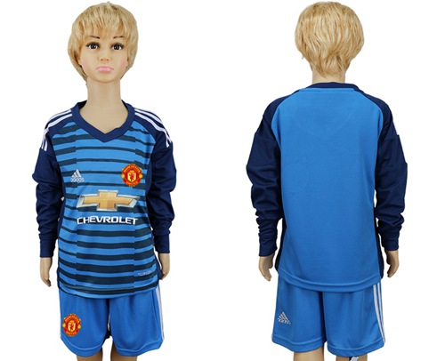 Manchester United Blank Blue Long Sleeves Kid Soccer Club Jersey - Click Image to Close